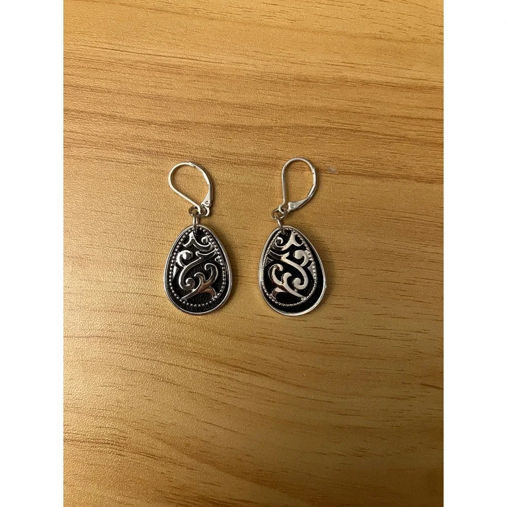 Napier Silver Tone Black Layered Scroll Teardrop Leverback Dangle Earrings